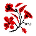 Graphic red and black flowers on white background. Pixels art. Ethnic Ukrainian motives Geometric botanic floral illustration. El